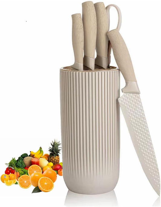 Kitchen Knife Set. 6-Pieces Luxury Wooden Coating, Light Wood Grain Handle, Stainless Steel Non-Stick Sharp Blade Chef Knife Set with Cylindrical Knife Block for Gift