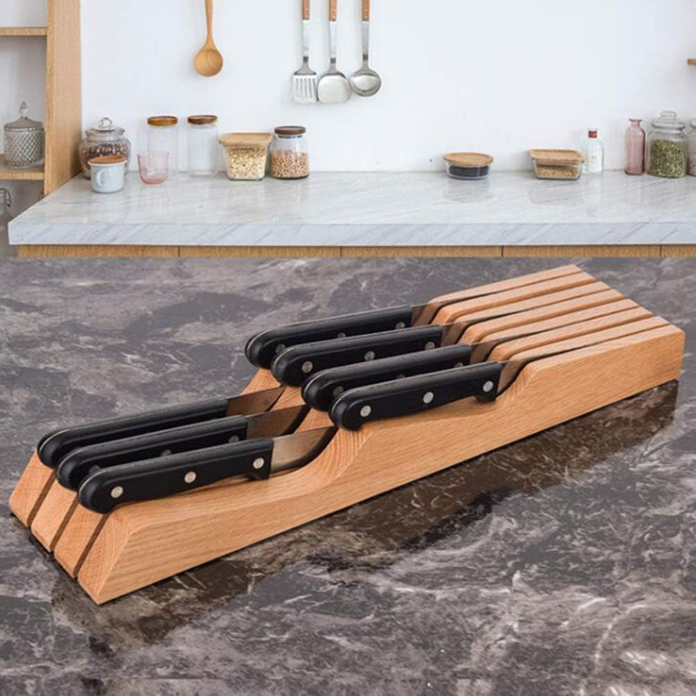 Hemoton Beech Wood Knife Holder Drawer Insert Compact Knife Organizer for Kitchen Storage and Space Saving