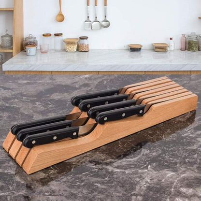 Hemoton Beech Wood Knife Holder Drawer Insert Compact Knife Organizer for Kitchen Storage and Space Saving