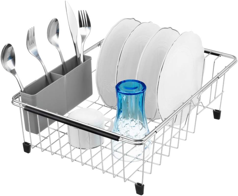 SANNO Dish Rack Utensil Holder, Hanging Cutlery Drainer Caddy with Hooks, 2 Compartment Flatware Organizer for Forks, Spoons, Knives, Fits Over Most Dish Drying Racks, Black