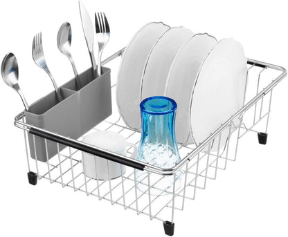 SANNO Dish Rack Utensil Holder, Hanging Cutlery Drainer Caddy with Hooks, 2 Compartment Flatware Organizer for Forks, Spoons, Knives, Fits Over Most Dish Drying Racks, Black
