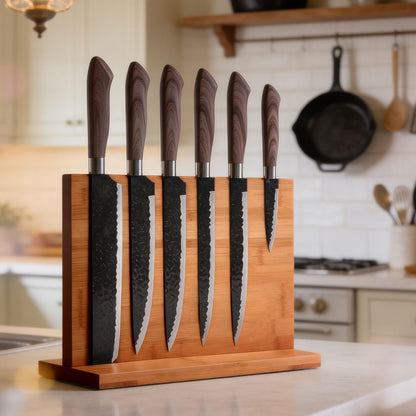 Bamboo magnetic knife holder - Double-Sided magnetic knife block with Strong Magnets, Space-Saving knife magnetic strip for Kitchen Countertop, Multipurpose knife organizer