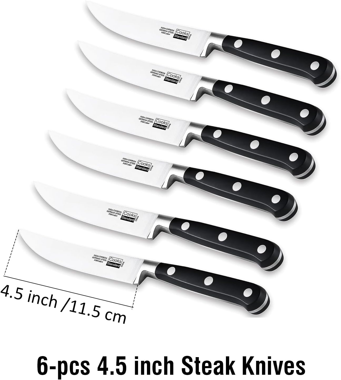 Cooks Standard Steak Knives Set 6-Piece, High Carbon Stainless Steel Classic Sharp Kitchen Steak Knife, Ergonomic Handle,Black