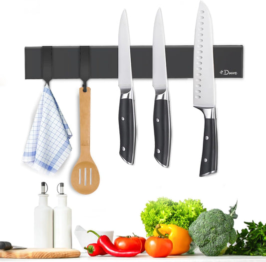 Dmore magnetic knife holder for wall—with 3 hooks, No Drilling 16 Inch black knife magnetic strip, Powerful knife magnet rack, include Adhesive Tape and screws for Knives, Utensils, and Tools