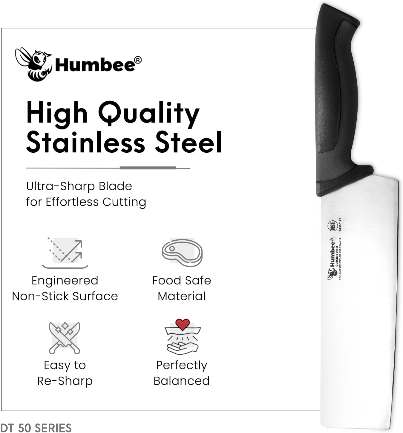 7.5-Inch Nakiri Knife, High Carbon Stainless Steel Hollow Grind Blade, Razor Sharp Edge, Ergonomic Non-Slip Handle, Cleaver Style, DT-50 Series, Orange