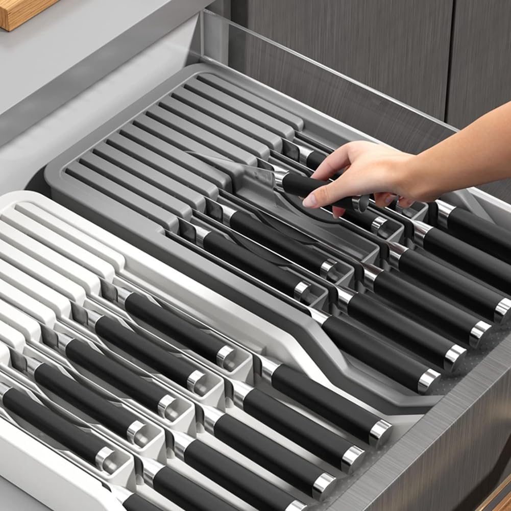 Knife Holder, in Drawer Knife Block Holder with Expandable Cutlery Tray Kitchen Drawer Organizer Insert-Holds 11 Knive