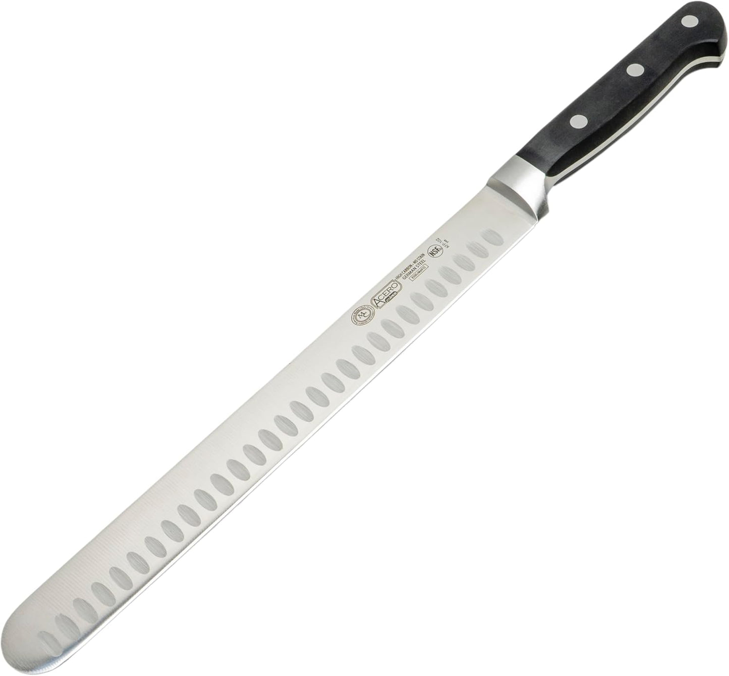 Winco 10" Fish/Roast Slicer w/Granton Edge, Triple Riveted, Full Tang Forged Blade