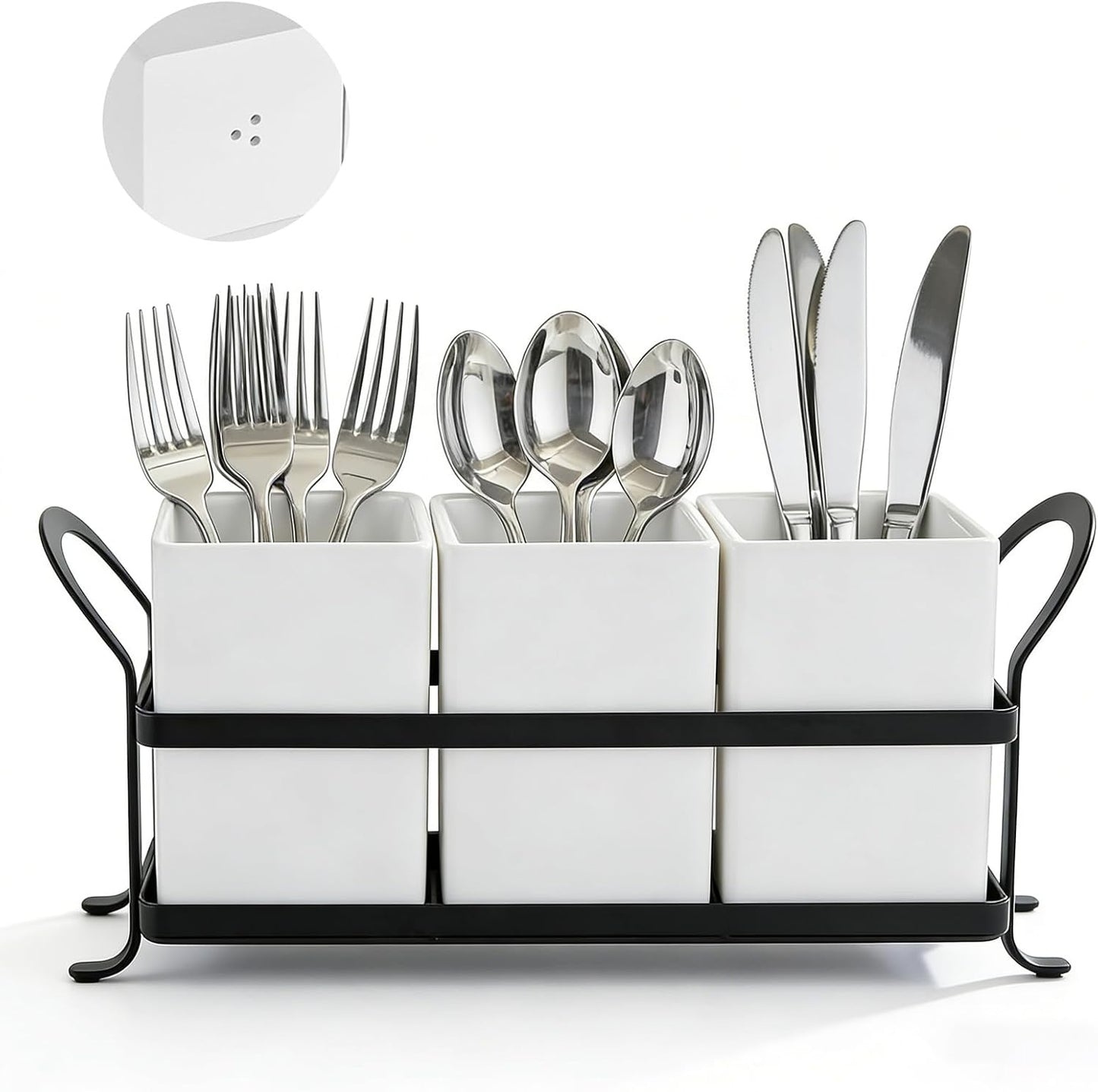 Silverware Caddy for Party, Metal Utensil Holder with Drain Holes, Spoons and Forks Cutlery Holder for Kitchen Countertop - White