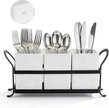 Silverware Caddy for Party, Metal Utensil Holder with Drain Holes, Spoons and Forks Cutlery Holder for Kitchen Countertop - White