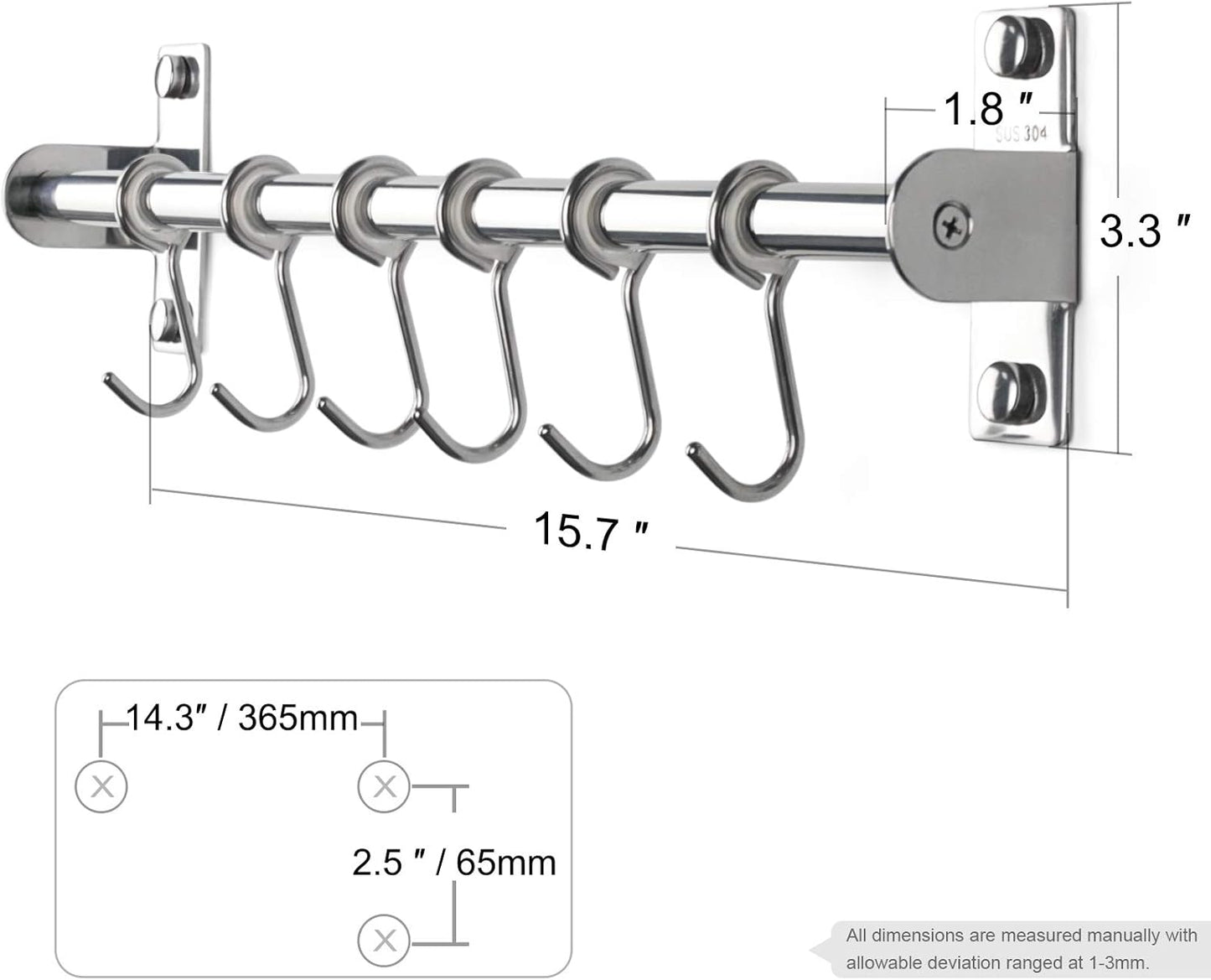 Sliding Hooks, Wall Mounted Rail, Stainless Steel Utensil Holder and Pot Lid Rack for Kitchen Tools, Towel, Pot Pan, Loofah, Spoon - Polished Finish, 6 Hooks