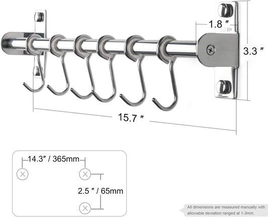 Sliding Hooks, Wall Mounted Rail, Stainless Steel Utensil Holder and Pot Lid Rack for Kitchen Tools, Towel, Pot Pan, Loofah, Spoon - Polished Finish, 6 Hooks