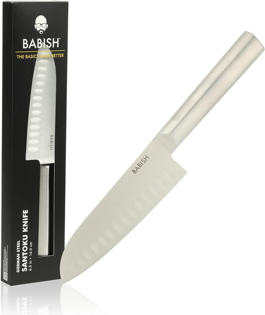 Babish 6.5 Inch Santoku Knife High Carbon 1.4116 German Steel Kitchen Knife Razor Sharp Blade Durable Precision Cutlery for Slicing Dicing Chopping Vegetables Meat and Fish