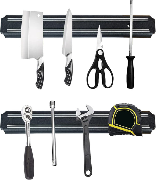 EDSRDUX 8 Inch 2 Pack Black Powerful Magnetic Knife Holder, Kitchen Knife Magnetic Strip Strips, Rust Free Multipurpose Magnetic Knife Rack Use for Kitchen Garage Workshop