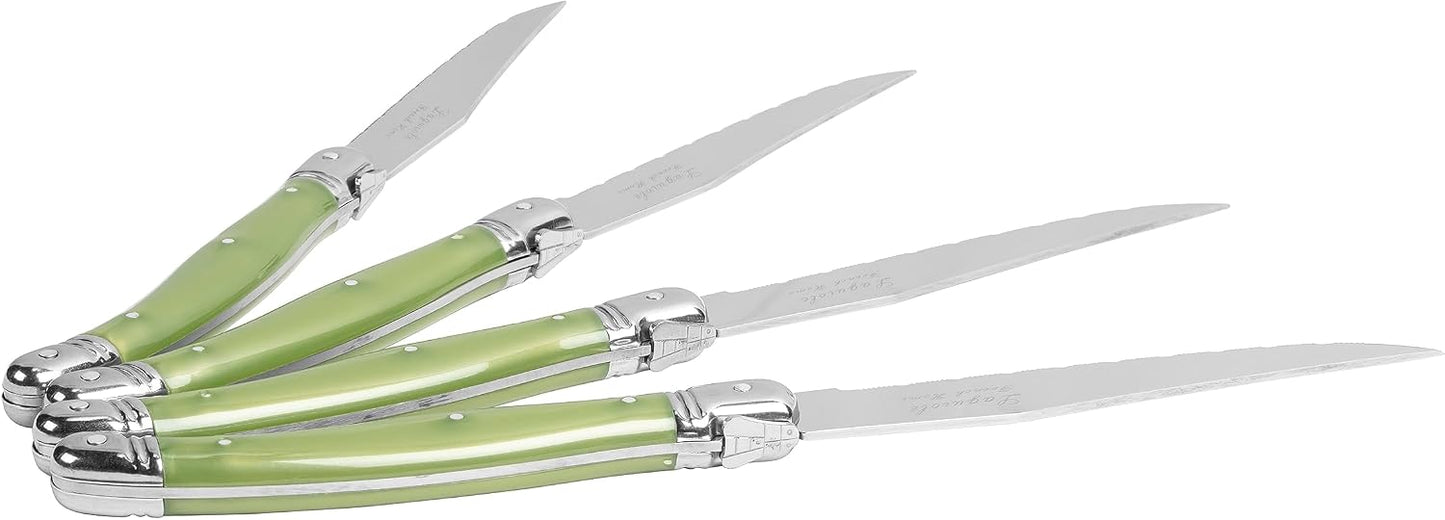 French Home Laguiole 4-Piece Steak Knife Set – Sophisticated Stainless Steel Dinner Knives with Navy Blue Handles & Iconic Bee Emblem – Serrated Knives for Smooth Cutting (9.25")