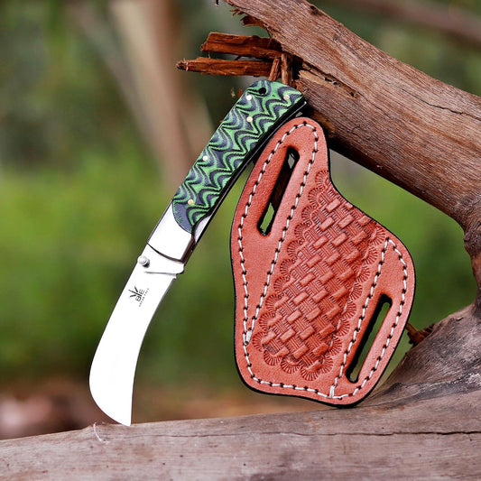 Hawkbill,Folding Pocket Knife with Steel Blade, Lineman utility Tools,Black&Green G10 Handle.