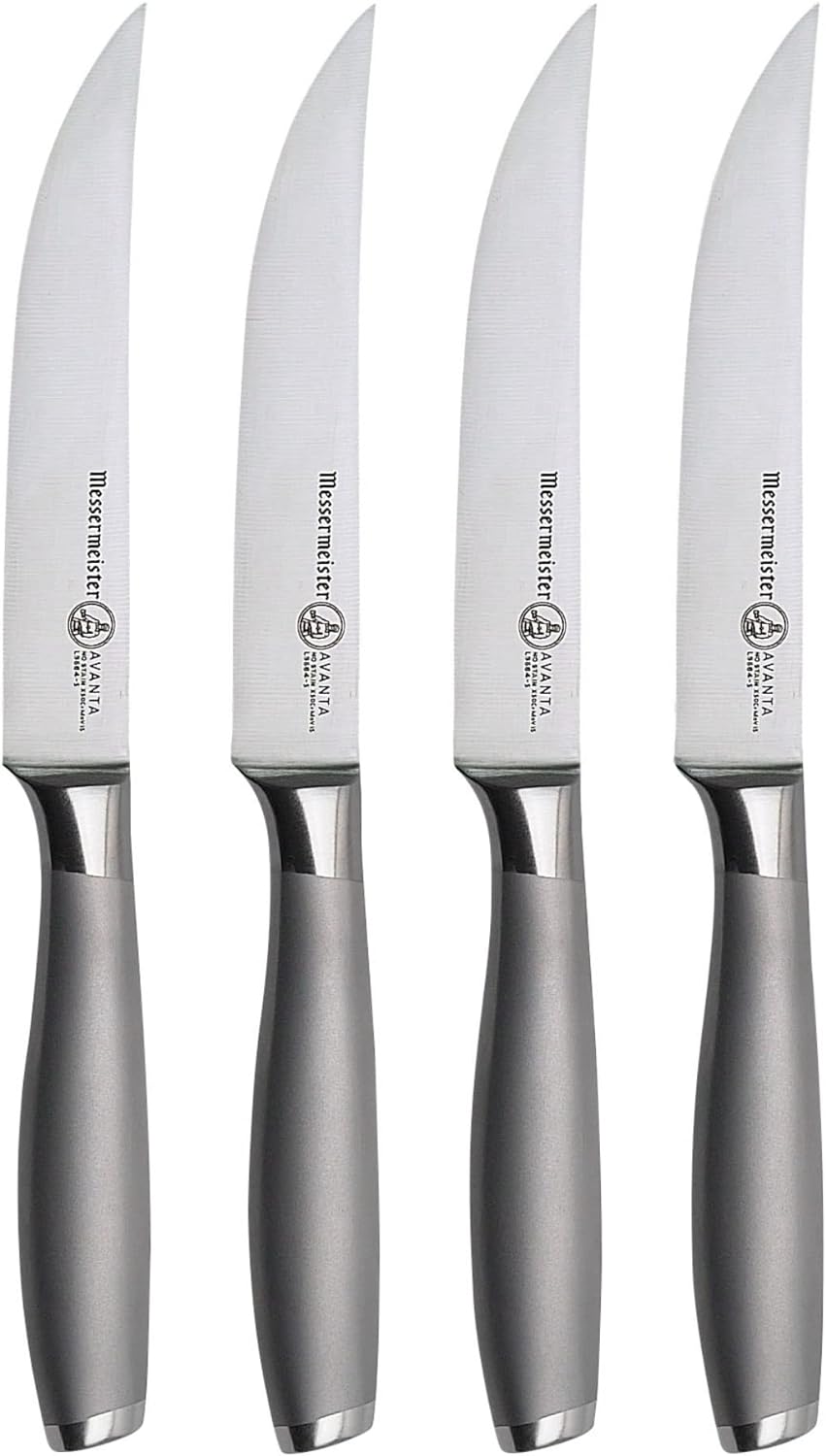 Messermeister Avanta Forged 5” Fine Edge Steak Knife Set - German X50 Stainless Steel - Rust Resistant & Easy to Maintain - Includes 4 Steak Knives