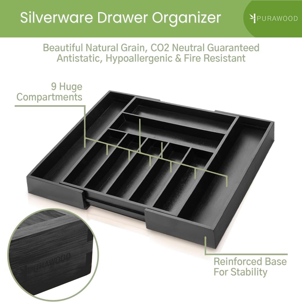 Purawood Kitchen Drawer Organizer with Knife Blocks - Utensil Drawer Organizer for Kitchen, Cutlery Tray & Silverware Organizer, 3-5 Slots - Bamboo Organizer for Utensils & Flatware (Natural)