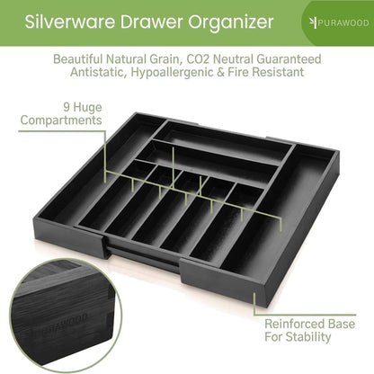 Purawood Kitchen Drawer Organizer with Knife Blocks - Utensil Drawer Organizer for Kitchen, Cutlery Tray & Silverware Organizer, 3-5 Slots - Bamboo Organizer for Utensils & Flatware (Natural)