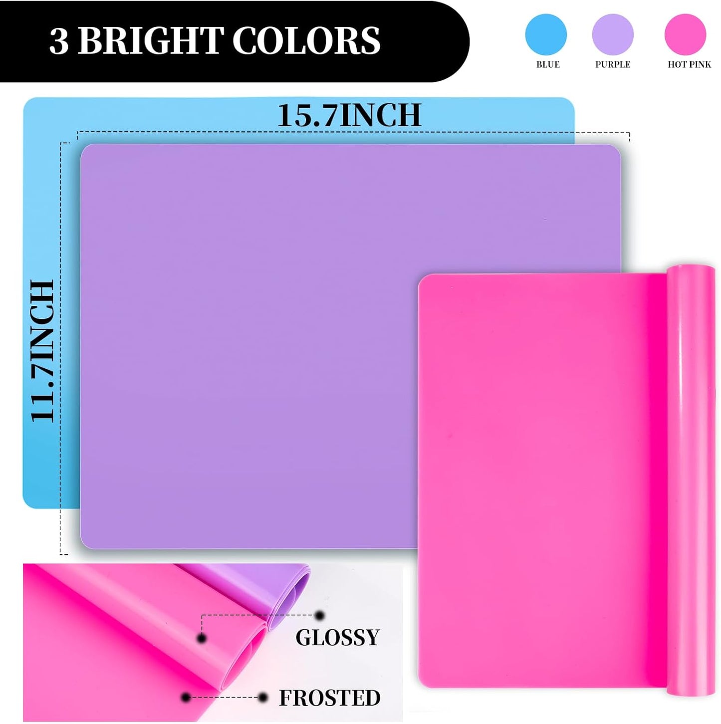 LEOBRO Silicone Mats, 3 PCS 15.7”x 11.7” Silicone Mats for Crafts, Resin Molds, Play Dough Mat for Resin, Clay, Craft Supplies, Orange & Purple & Blue