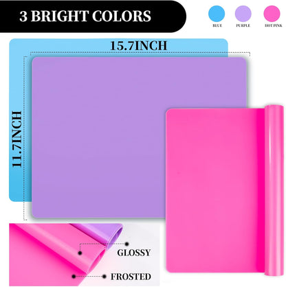 LEOBRO Silicone Mats, 3 PCS 15.7”x 11.7” Silicone Mats for Crafts, Resin Molds, Play Dough Mat for Resin, Clay, Craft Supplies, Orange & Purple & Blue