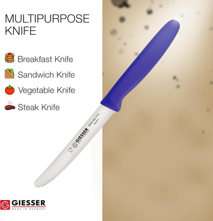 Giesser since 1776, Made in Germany, Serrated kitchen knives round tip dishwasher safe 4.5 inch - Tomato knife, Steak knive set of 6 (MIX Color)
