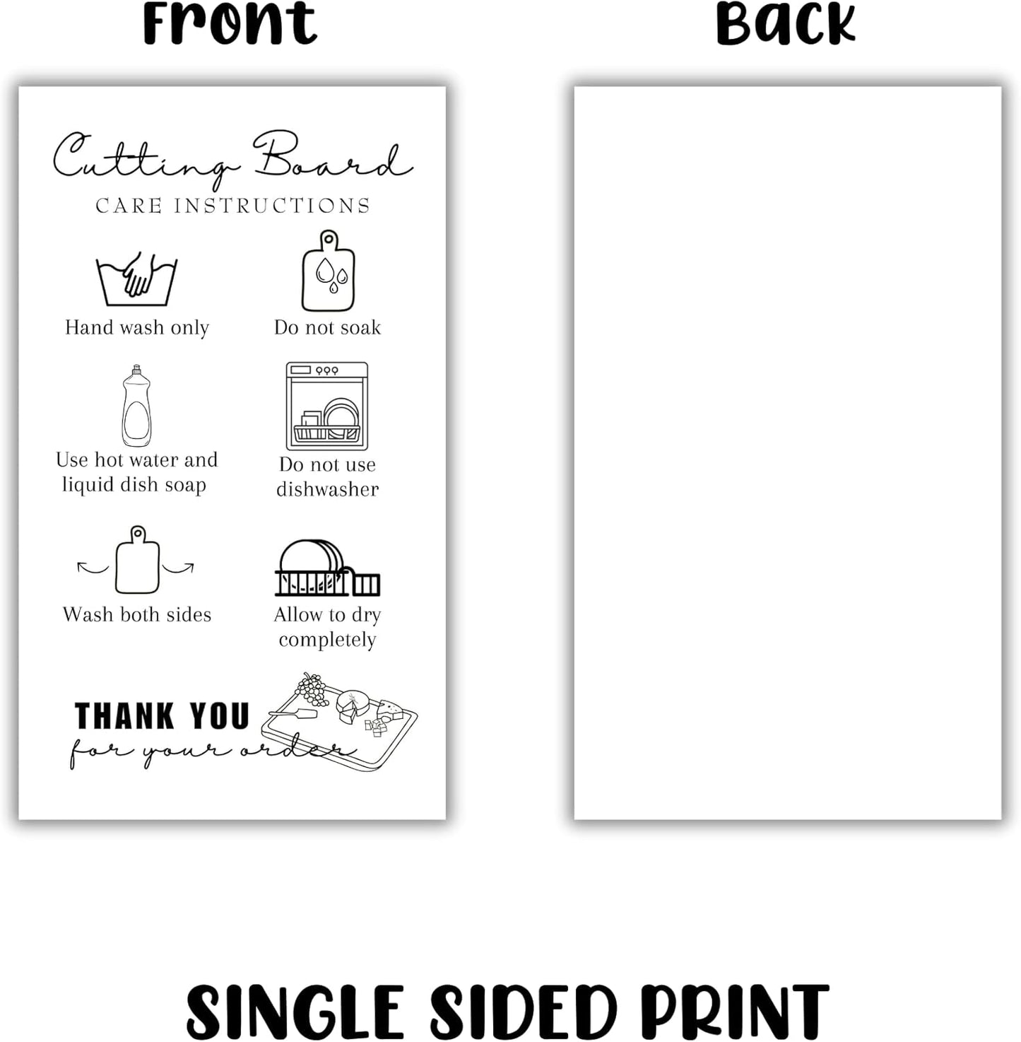 Cutting Board Care Cards Instruction Wood Charcuterie Handmade | 50pk 2x3.5” Washing Handling Directions Clients Packaging