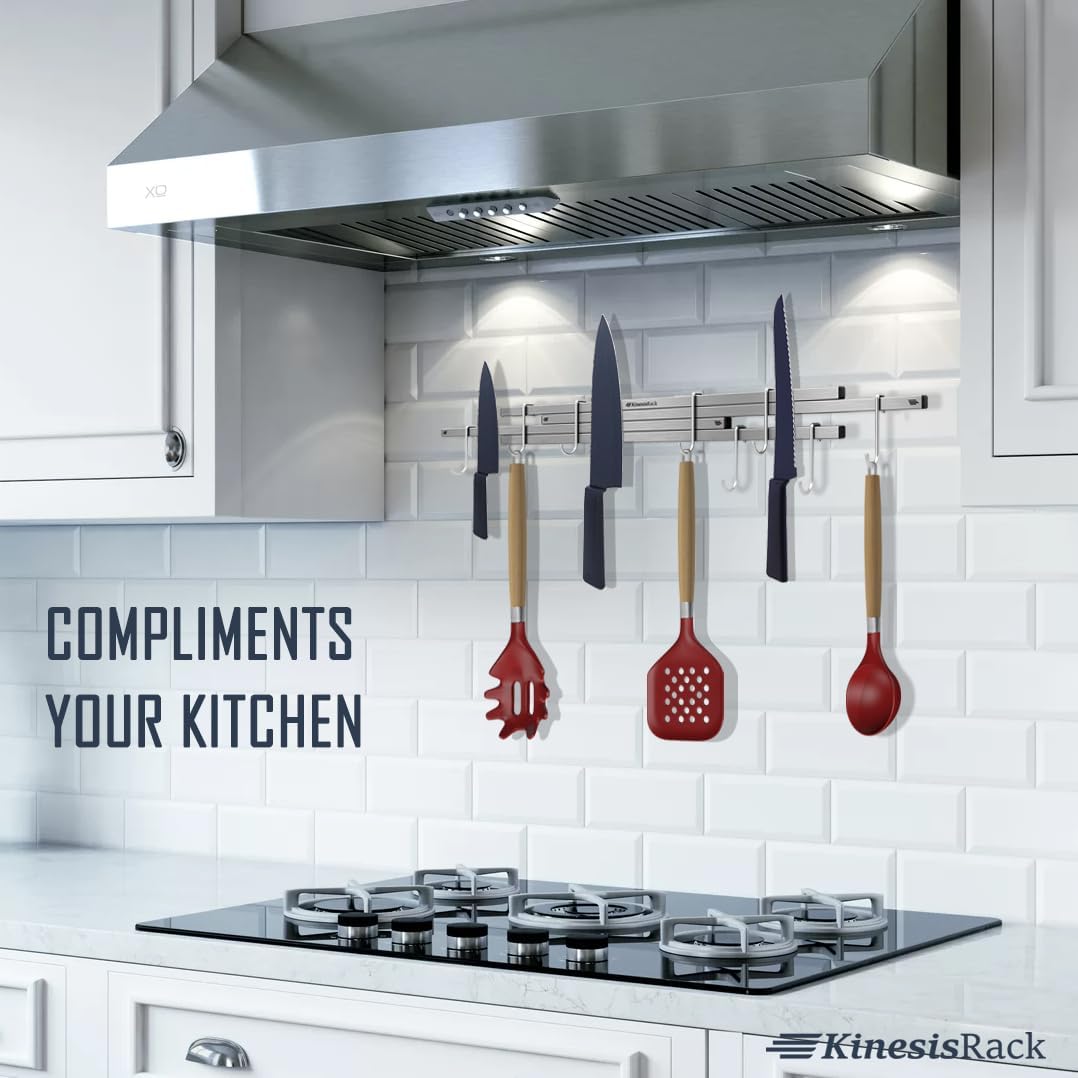 Magnetic Knife Holder for Wall 16 inch Extends up to 30 inches 4 Strip Neodymium Magnetic Rack with 10 Hooks for Kitchen Utensils Organize. No Drill. Tools Holder