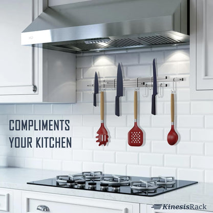 Magnetic Knife Holder for Wall 16 inch Extends up to 30 inches 4 Strip Neodymium Magnetic Rack with 10 Hooks for Kitchen Utensils Organize. No Drill. Tools Holder