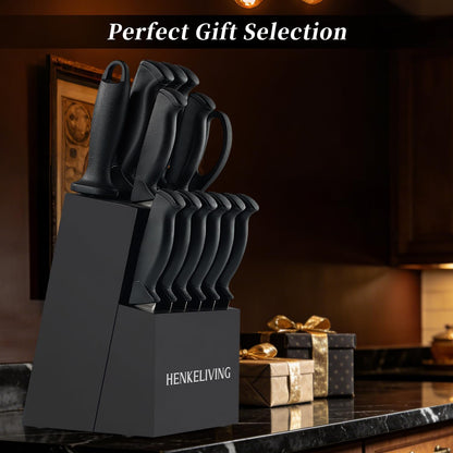 Knife Set, 14-Piece Black Dishwasher Safe Kitchen Knife Block Set with Built-In Sharpener, German High Carbon Stainless Steel Blades, Ultra Sharp Knives with Ergonomic Non-Slip Handles