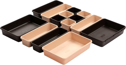 Cutting Edge Plastic Interlocking Cutlery Drawer Desk Organizer Divider Tray (Black and Beige) - 14 Piece