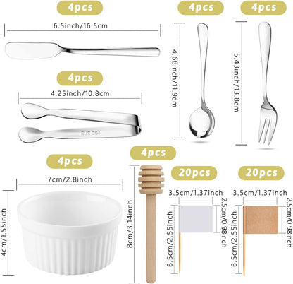 Charcuterie Boards Accessories 64Pcs Cheese Butter Spreader Knives Set Charcuterie Utensils Mini Serving Spoons and Forks Small Serving Tongs Sauce Cups Honey Dippers Toothpick Flags for Pastry Making