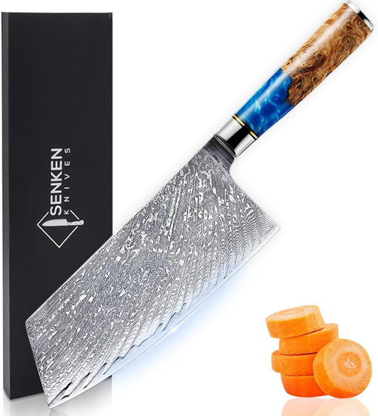 SENKEN 15-Piece Damascus Knife Block Set - "Tsunami" Collection Japanese Chef Knife Set - 67-Layer Japanese VG10 Steel Blades, Includes Chef Knife, Cleaver, 6 Steak Knives (15-Piece Knife Block Set)