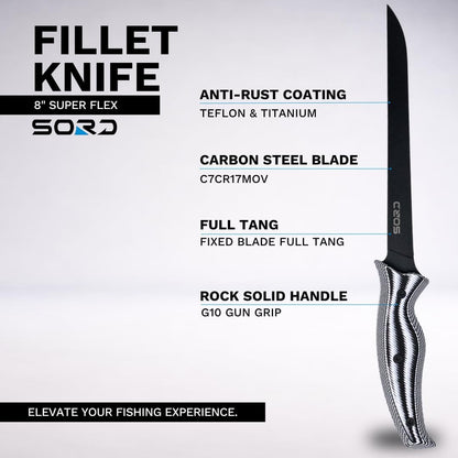 SORD Fillet Knife - 5-9" Filet Knives For Fish - Razor Sharp Boning Knife - Saltwater and Freshwater Fishing - Includes Kydex Sheath - Full Tang Blades | G10 Non Slip Grip | Corrosion Resistant