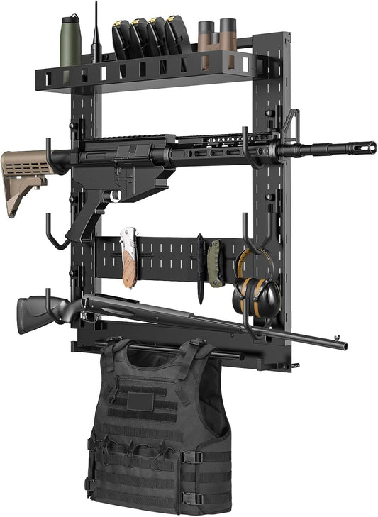 CVLIFE Gun Rack for Wall, Indoor Gun Rack Wall Mount with Shelf & Accessory Panel, Horizontal Heavy-Duty Gun Display Holder for Rifle/Shotgun, Gear Wall Mounted