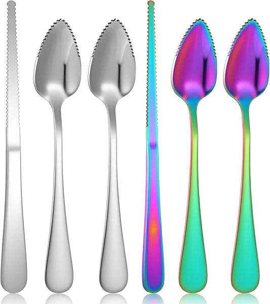6Pcs Grapefruit Spoons with Serrated Edge, Grapefruit Spoons and Knife Set Stainless Steel Utensils with Thick Gauge Handle for Citrus Lemon Kiwi Salads Melon Lime Pitaya Fruit Puree, Silver and Color