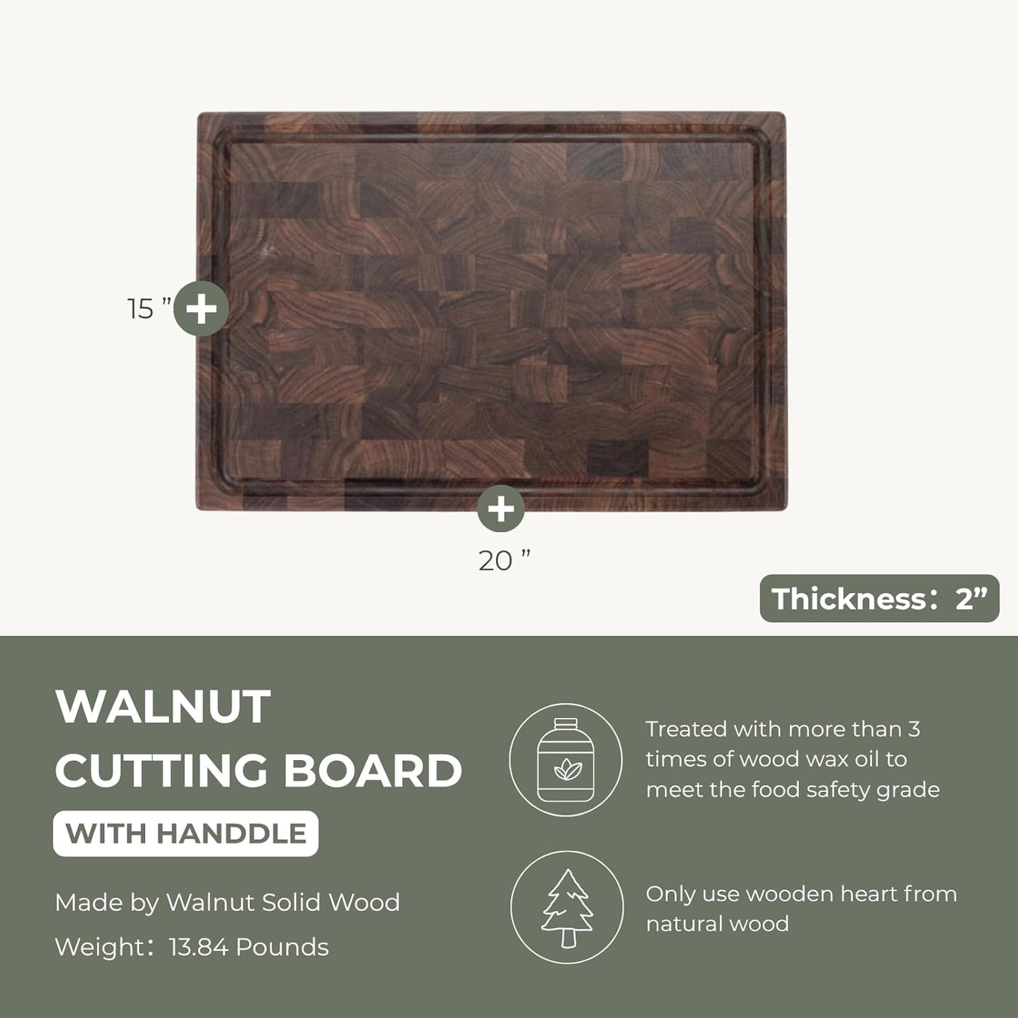 muso wood End Grain Cutting Board, Black Walnut Wood, 2" Thick Dual-Sided Wooden Chopping Board with Juice Groove & Handle - Idea for meat cutting, vegetable dicing, and fruit processing, 20 x 15 inch