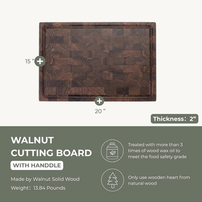 muso wood End Grain Cutting Board, Black Walnut Wood, 2" Thick Dual-Sided Wooden Chopping Board with Juice Groove & Handle - Idea for meat cutting, vegetable dicing, and fruit processing, 20 x 15 inch