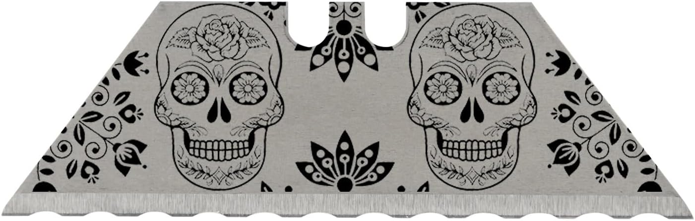 NDZ Performance Serrated Steel Blade Replacement for Utility Knife & Box Cutters, Custom Double Sided Laser Engraved Designs, Silver - Skull - 3 Pack