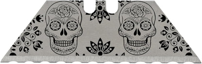 NDZ Performance Serrated Steel Blade Replacement for Utility Knife & Box Cutters, Custom Double Sided Laser Engraved Designs, Silver - Skull - 3 Pack