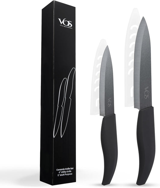 Vos ceramic knives set for kitchen in gift box, 5 ceramic knife with cover with scissors, 3" 4" 5" 6" ultra sharp knives for home cooks, lightweight, rust-free, dishwasher safe (Black handle)