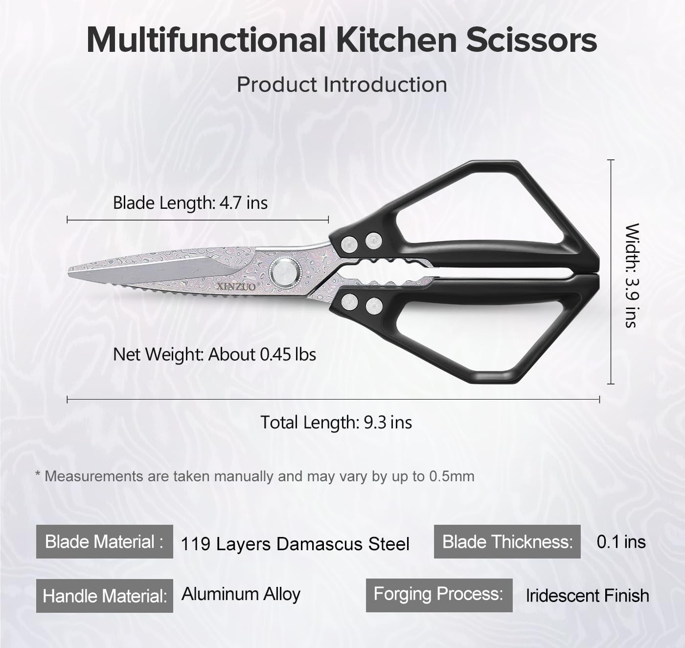 XINZUO Sandvik 14C28N Stainless Steel Multi-Purpose Kitchen Shear,Heavy Duty Kitchen Food Scissors For (Meat/Herbs/Poultry),With Silver Aluminum Alloy Handle