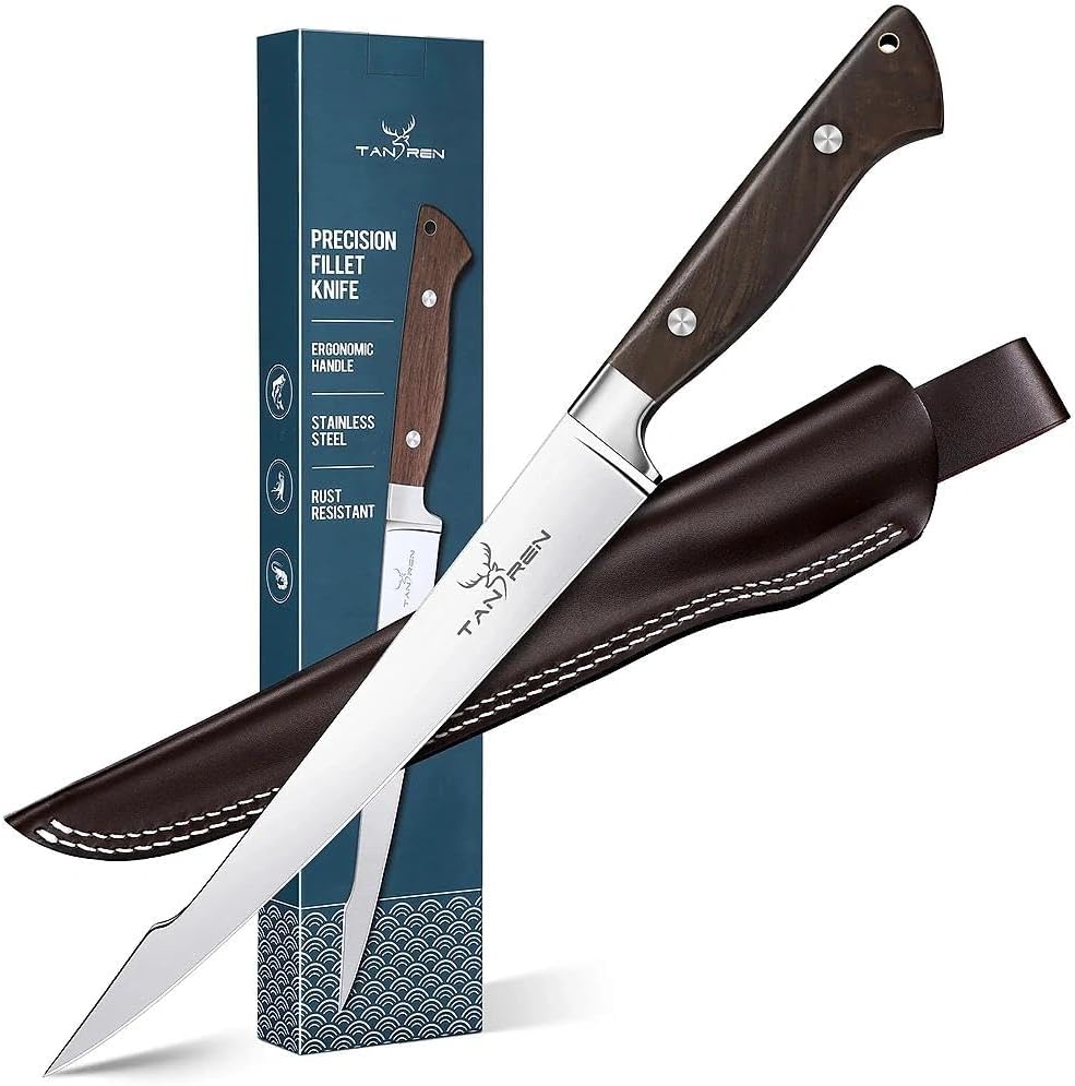 TAN REN Fillet Knife for Fish, 6inch Flexible Fishing Knife with Sheath, High Carbon Steel Salmon Fillet Knives, Sharp Fish Knives for Filleting and Cleaning