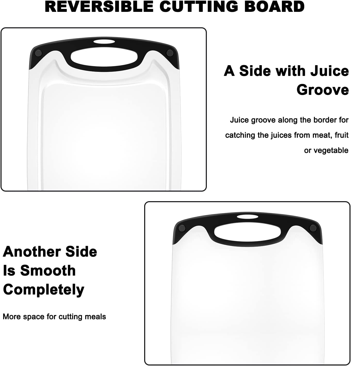 Viretang Plastic Cutting Boards Set of 3 for Kitchen, Thick Chopping Board with Deep Juice Grooves, Non‑Slip Feet, Easy Grip Handle, BPA Free, Dishwasher Safe,Black
