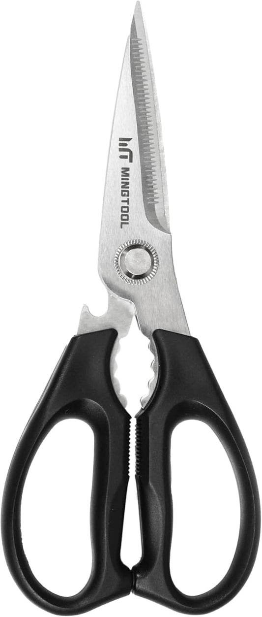 PROFESSIONAL KITCHEN SHEARS, Heavy Duty Food & Poultry Meat Scissors, MINGTOOL Serrated Blade with Premium Japanese Steel Material, Expert Grade Cutter for Bone, Crab Legs, Lobster, & Herbs.