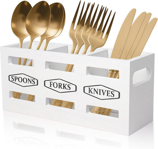 Klmnop Wooden Cutlery Silverware Caddy with Removable Dividers, Flatware Utensil Storage Organizer for Party, 3-Section Knife Spoon and Fork Holder for Countertop Kitchen Dining Room(White)