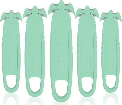 Safety Box Cutter, T TOVIA SK2 Stainless Steel Concealed Blade Package Opener with Tape Splitter for Cartons, Cardboard, Wrap, Straps, Film (10 Pieces - Green)