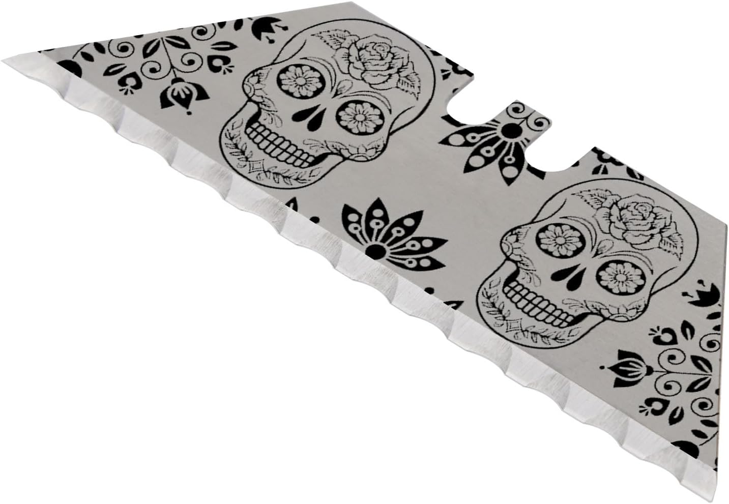 NDZ Performance Serrated Steel Blade Replacement for Utility Knife & Box Cutters, Custom Double Sided Laser Engraved Designs, Silver - Skull - 3 Pack