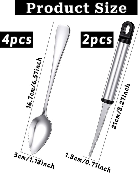6 Pcs Grapefruit Spoon Knife, Stainless Steel Grapefruit Spoons Serrated Edge Knife Grapefruit Spoon & Knife Set Dessert Spoon for Citrus Kiwi Orange Lemon Pitaya Avocado(Silver)
