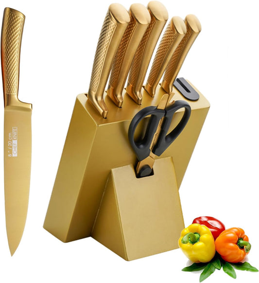 Luxury Gold Kitchen Knife Set，8-Piece Titanium Coated Dishwasher Safe Gold Chef Knife Set,Wooden Block with Built-In Sharpener Housewarming Gift for Home Kitchen