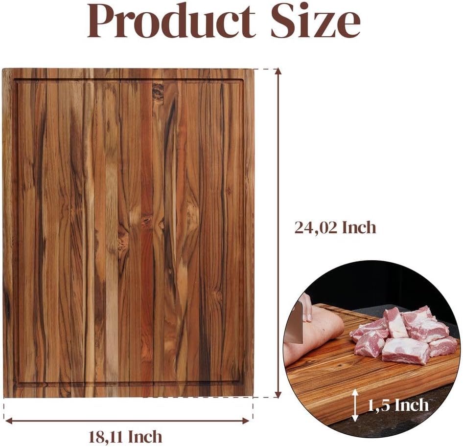 Teak Wood Cutting Board 18" x 14" x 0.6", 2-Piece Set for Kitchen Meat & Food Prep - Large Thin Edge Grain, Deep Juice Groove, Lightweight Solid Hardwood, Non-Toxic, BPA Free by New M Way